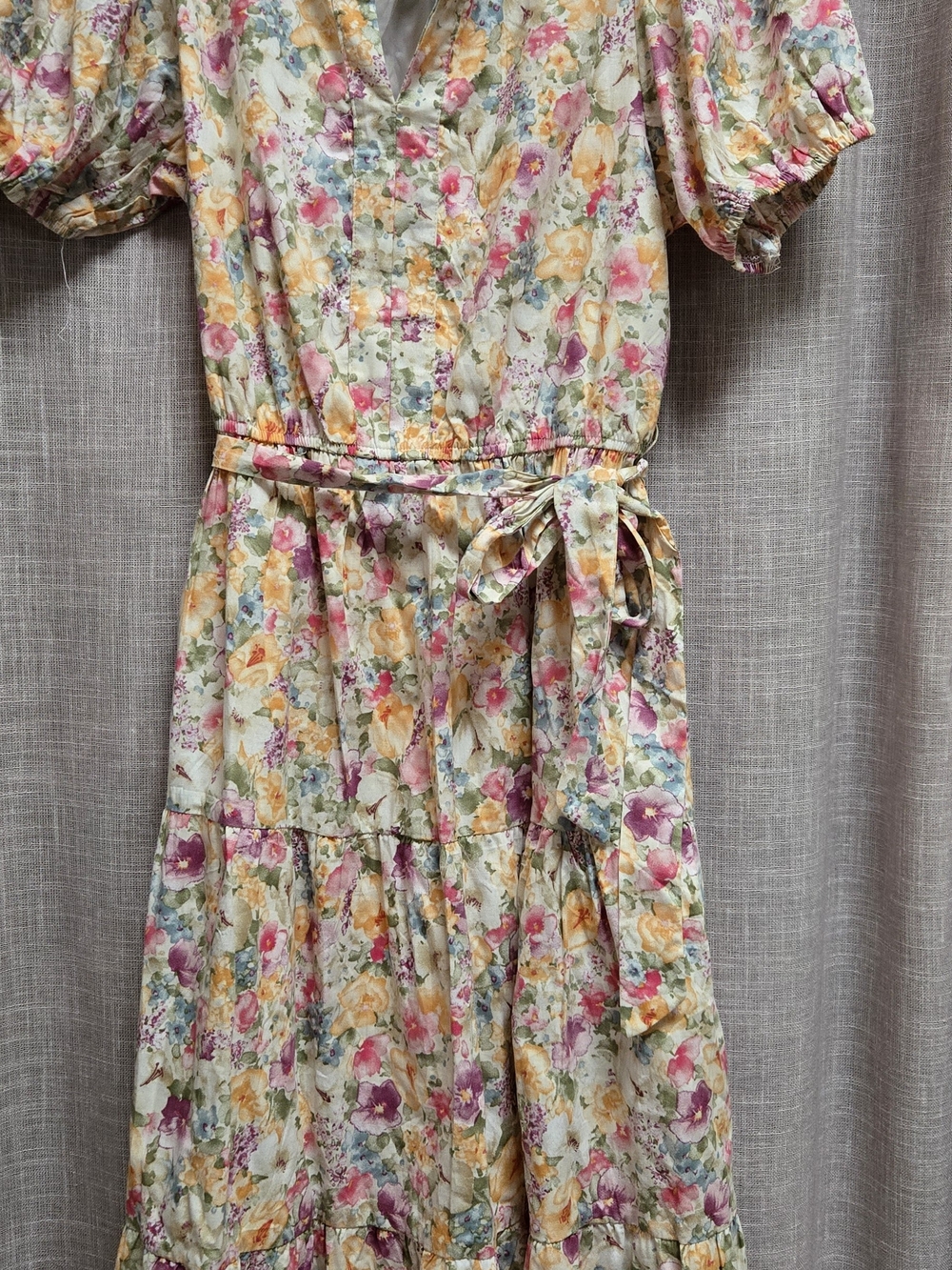 Women's Floral Maxi Dress with Tie Waist - Pastel Multi - Picture 2 of 6